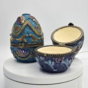 Pair of Ornate embossed Egg Heart Hinged Trinket boxes